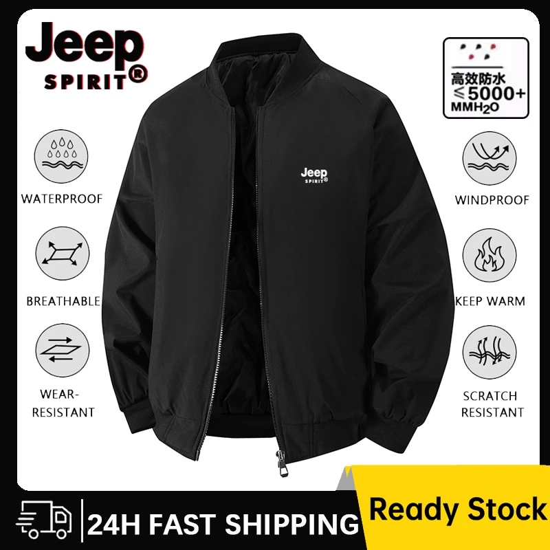 JEEP SPIRIT เสื้อแจ็คเก็ตปีนเขากันน้ําสําหรับบุรุษและสตรีเสื้อแจ็คเก็ตบอมเบอร์ลําลองสีดํา