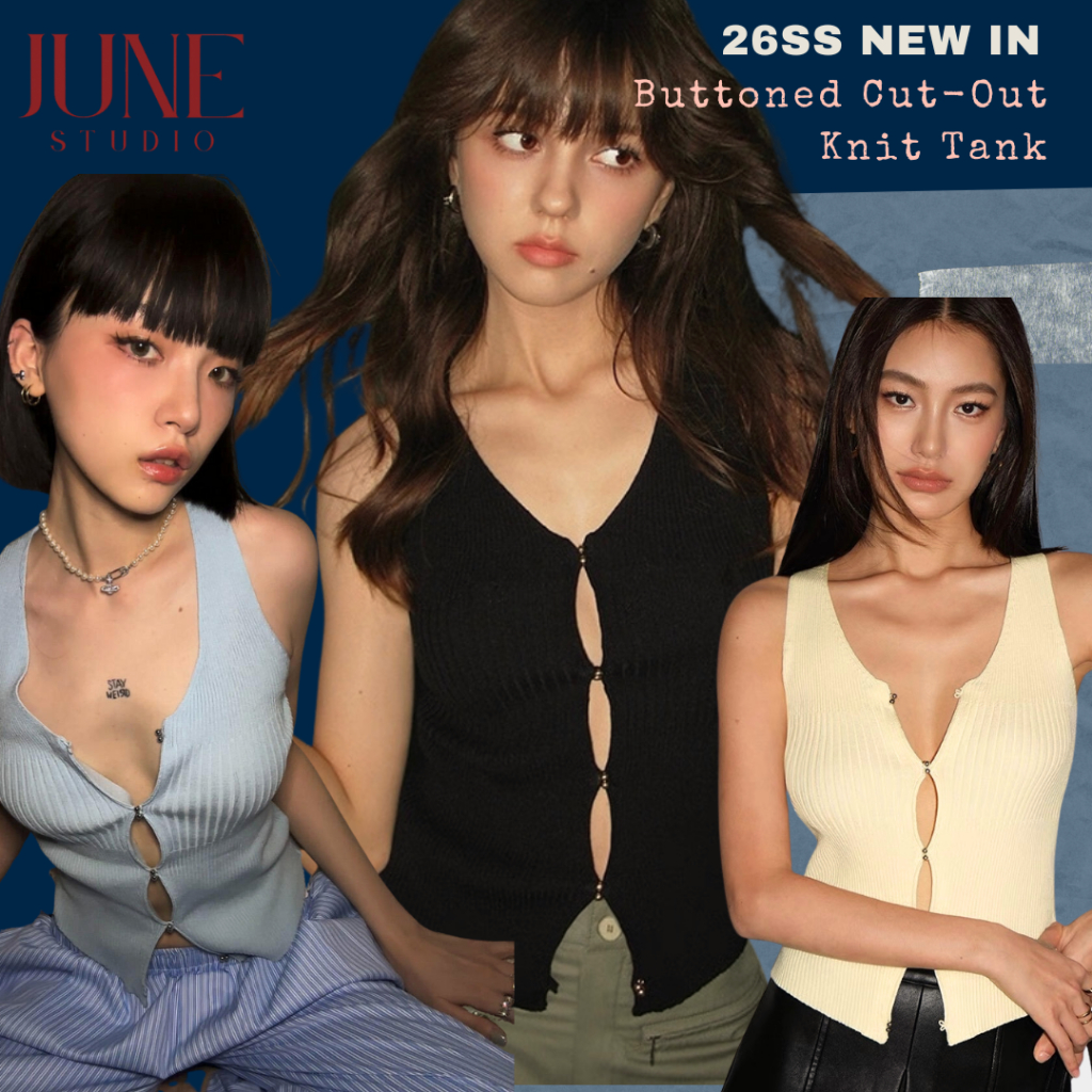 [June Studio] สีดํา V คอแขนกุดถักผู้หญิงสวมใส่ด้านนอกการออกแบบ Sense Slim-fit Slimmer ดูเสื้อสเวตเตอ