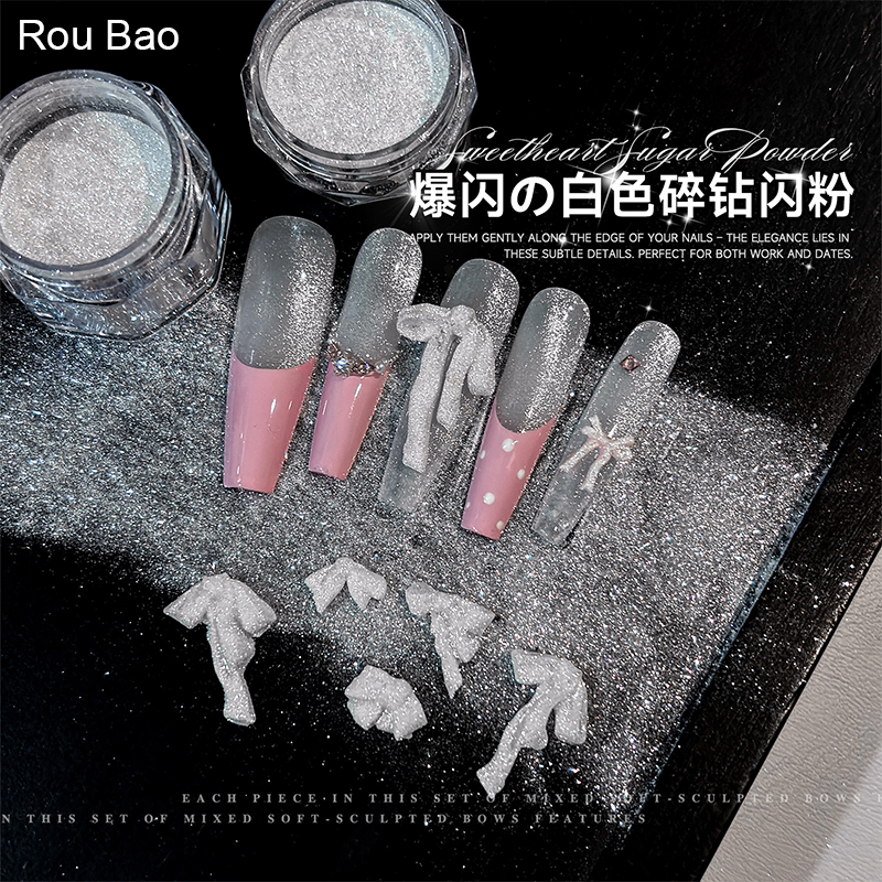 Rou Bao Nail White Glitter Powder Sparkling Sequins Nails Art DIY Charms ตกแต่ง