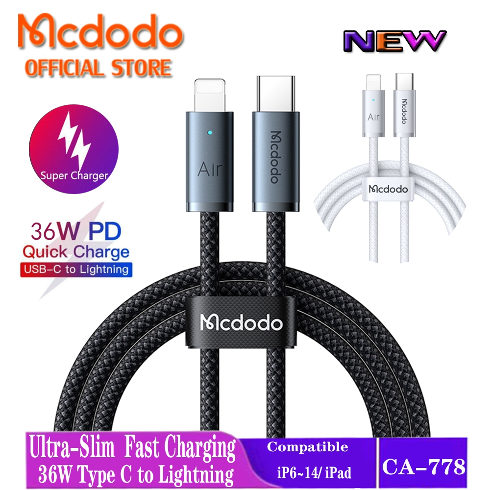 Mcdodo สายชาร์จบางเฉียบ 3X Faster สายชาร์จ 36W PD C ถึง L สายถักสําหรับ iP 8/Xr/10/12/13/14 Series CA-778