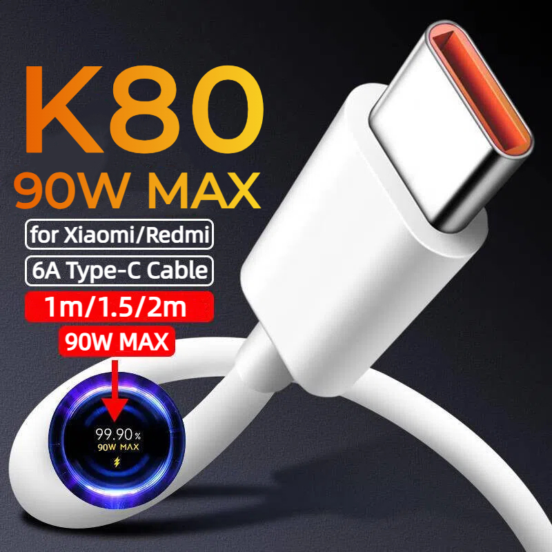 สายชาร์จเร็ว 90 วัตต์เหมาะสําหรับสายเคเบิลข้อมูล Redmi K80 Redmi Note 13 Turbo/K70 Xiaomi 6A Type C 