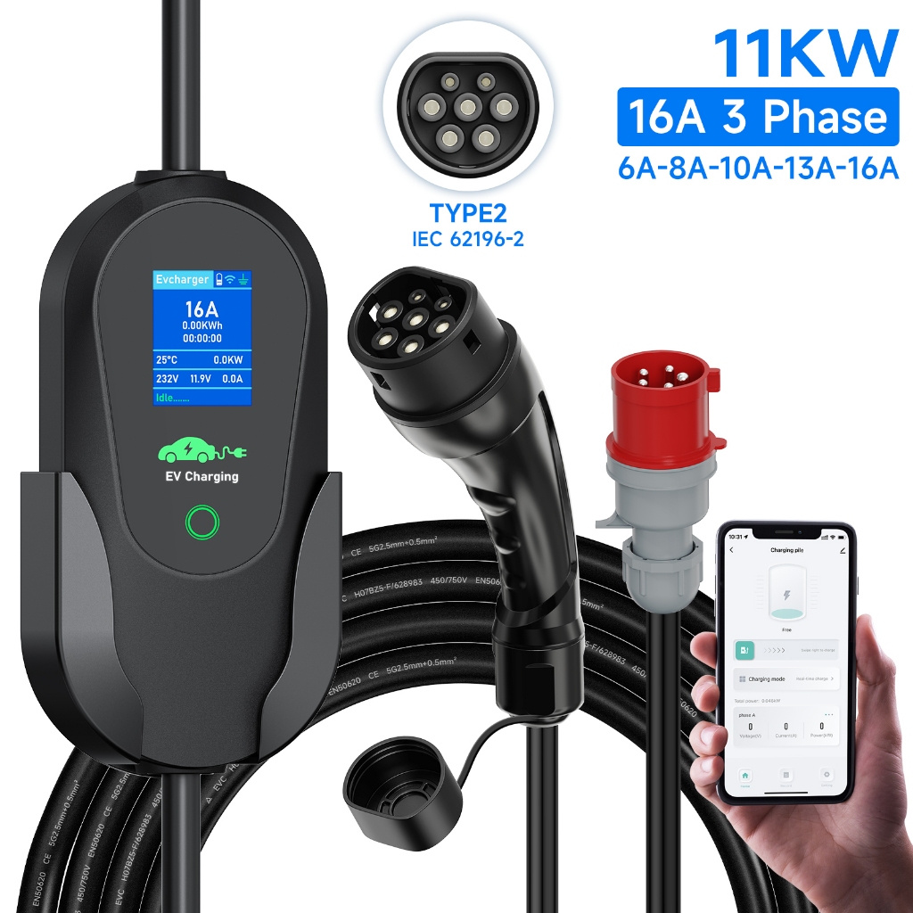 AFYEEV EV Charger 16A 11KW ประเภท 2 IEC-62169 CEE ปลั๊กปรับ Current Timer EVSE ชาร์จสําหรับ Hybrid E