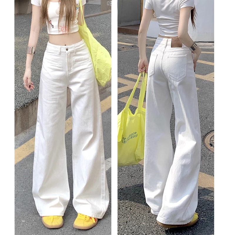 (XS-2XL)กางเกงยีนส์ผู้หญิง ทรงหลวมขาตรง สีขาว