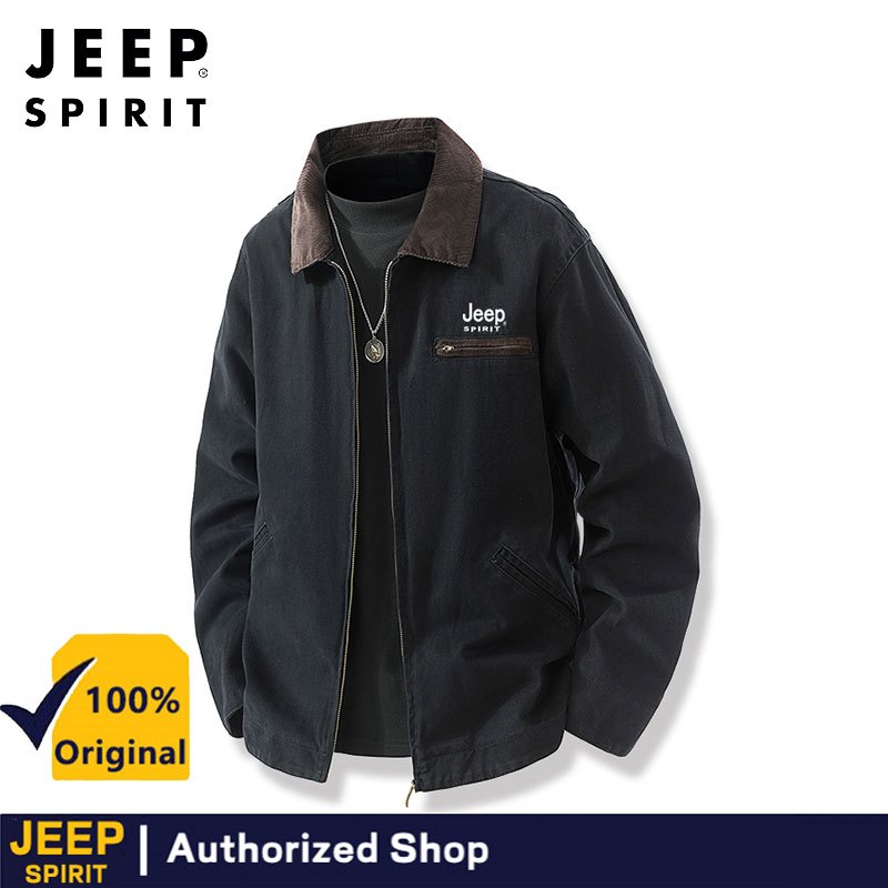 JEEP SPIRIT เสื้อแจ็คเก็ตคอปกสำหรับผู้ชาย สวมใส่ง่ายทั้งในฤดูใบไม้ผลิและฤดูใบไม้ร่วง