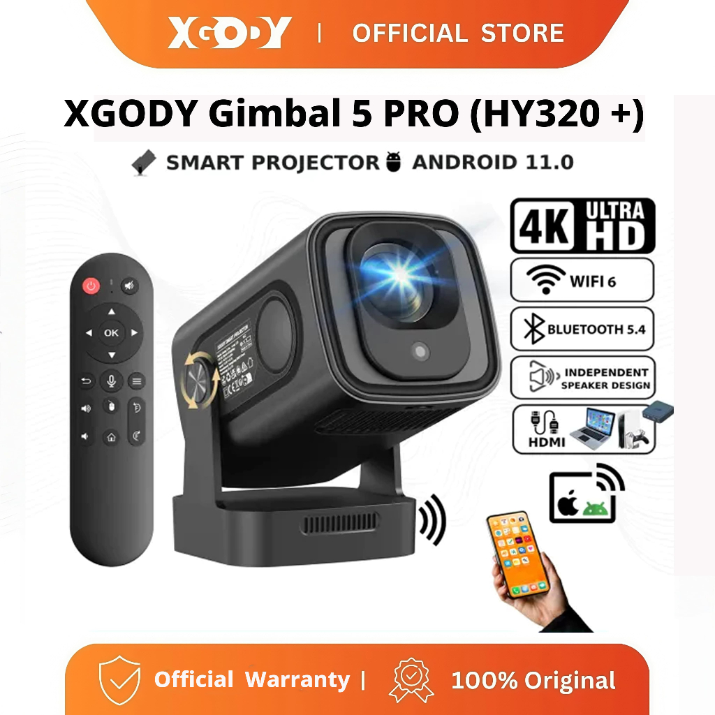 XGODY Gimbal 5 PRO HY320 MINI โปรเจคเตอร์ 1080P Android 11.0 รองรับ Netflix แก้ไขภาพอัตโนมัติ 18000 