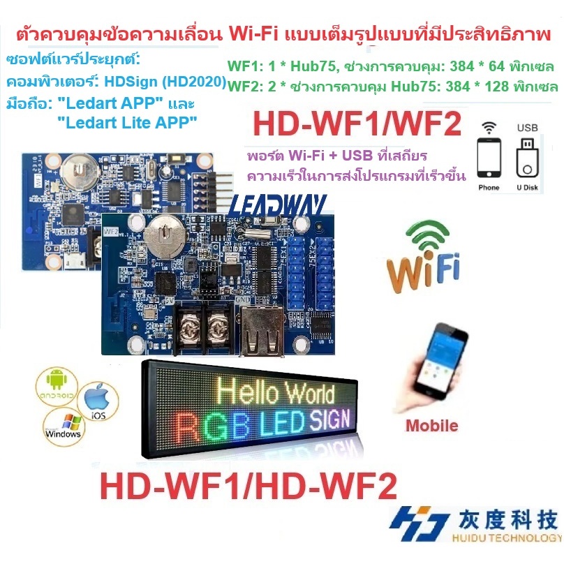 Huidu HD-WF1/2/4 การ์ดควบคุมป้าย LED WiFi USB รองรับ P10 P5 P4 P3 สําหรับโทรศัพท์มือถือ