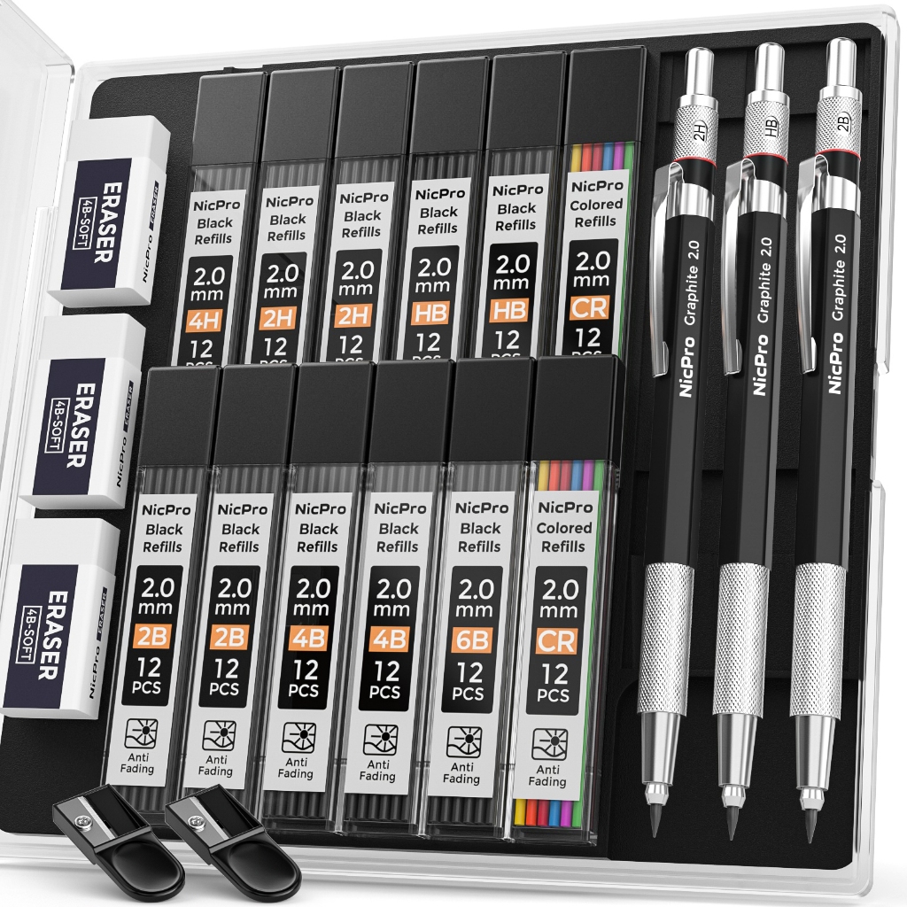 Nicpro 2 มม.โลหะชุดดินสอ, 3PCS ตะกั่วดินสอผู้ถือ 2.0 มม. 144PCS ตะกั่วเติม (4H 2H HB 2B 4B 6B สี), ยางลบ, Sharpener สําหรับร่างเขียนการวาดภาพ