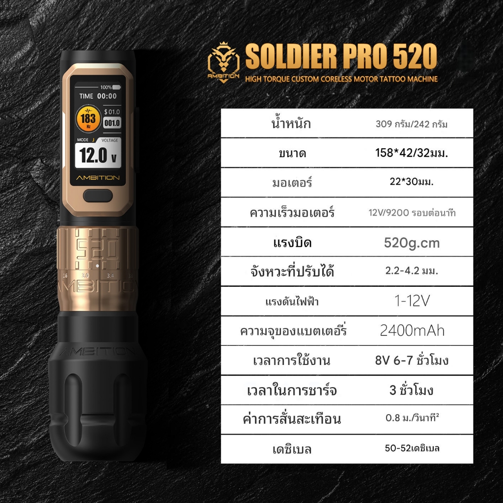 Ambition Soldier Pro 520 ปากกาสักมืออาชีพ [สร้างรูปแบบที่ซับซ้อน] การควบคุมกองทัพฐาน 520g.cm | 6-Segment Precision Itinerary Defines Your Output Curve