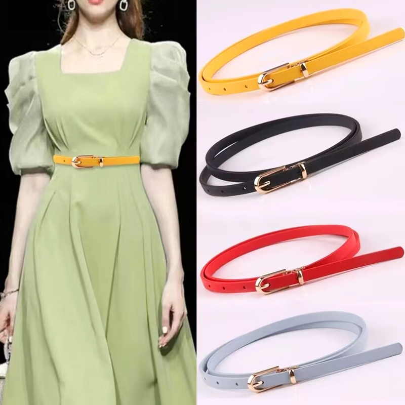 เข็มขัดคาดเอวหนังบางสําหรับผู้หญิงหัวเข็มขัดสีทองปรับชุดเข็มขัด8สี