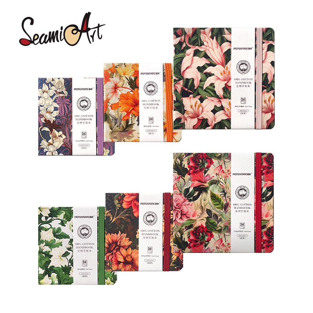 SeamiArt 12x12 ซม./16x16 ซม.ดอกไม้ Series Sketchbook ผ้าฝ้าย 100% สําหรับสีน้ําสี 300gsm กระดาษ / 24 แผ่น 2026 รุ่นใหม่
