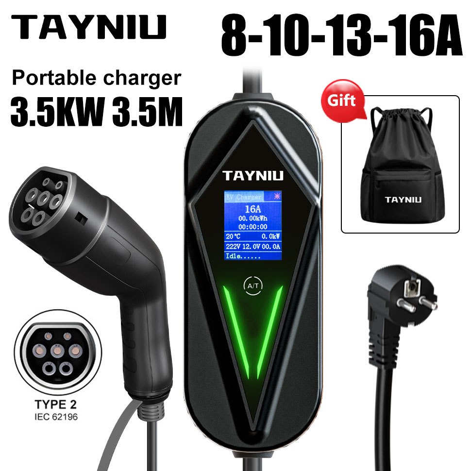 TAYNIU Type2 เครื่องชาร์จไฟแบบพกพา EV 16A 3.5KW 5m สายเคเบิล EV การชาร์จไฟและเวลาหน่วงเวลา