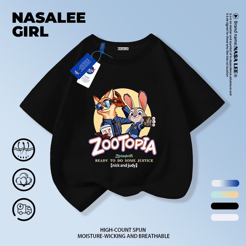 【จัดส่งวันเดียวกัน】เสื้อยืดแขนสั้นเด็ก NASA ผ้าฝ้ายสีดำนุ่มสบาย ลายสุนัขจิ้งจอกและกระต่ายตำรวจ สำหรับเด็กชาย-เด็กหญิงอายุ 3-16 ปี เสื้อยืดสวมใส่สบายปีใหม่