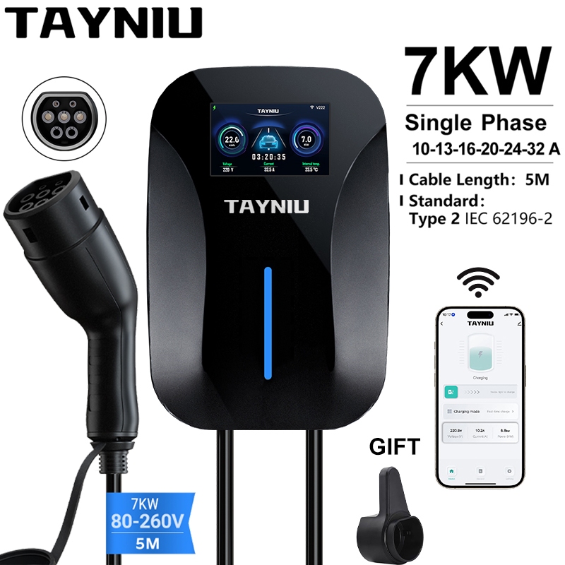 TAYNIU Wallbox เครื่องชาร์จ EV พร้อมการควบคุม APP 32A 7KW ประเภท 2 สาย 5M สถานีชาร์จ EV ติดตั้งผนัง