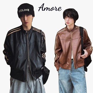 แจ็คเก็ตย้อนยุคแบบซิปรองผ้าย่นหนัง สไตล์อเมริกัน สำหรับทั้งช…