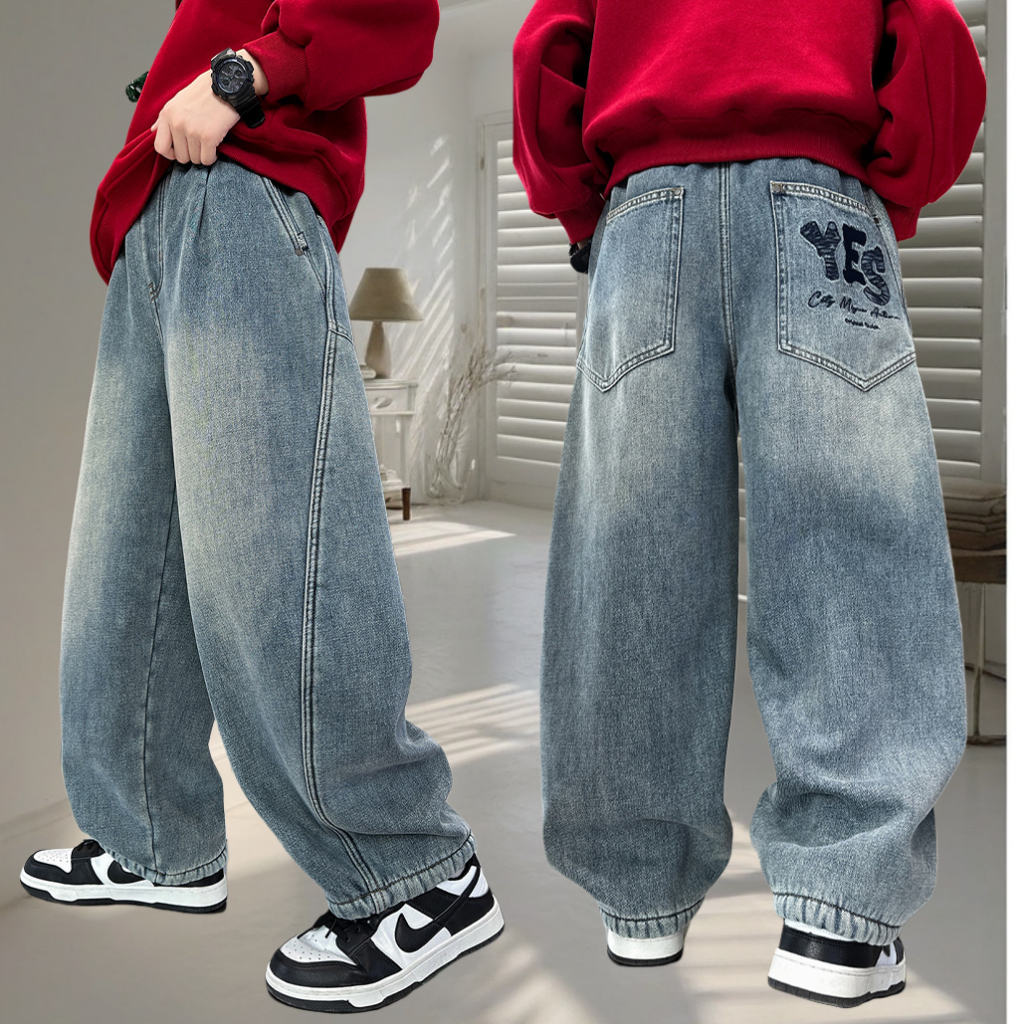 กางเกงยีนส์เด็กชาย กางเกงยีนส์เด็กผู้ชาย Jeans เอวยางยืด ผ้าคุณภาพดี ระบายอากาศได้สะดวกสบาย ทรงหลวม เหมาะสำหรับอายุ 7-15 ขวบ