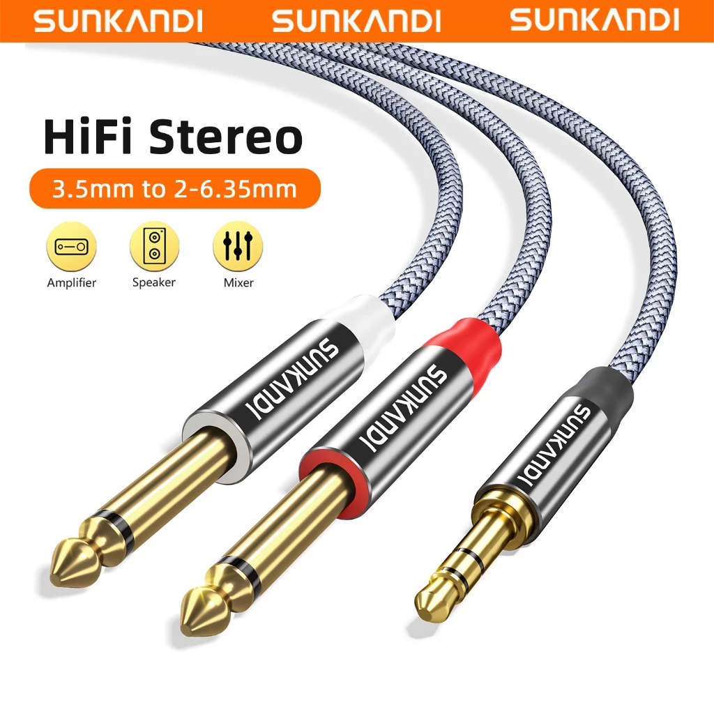 Sunkandi 3.5 มม.TRS ถึง Dual 6.35 มม.สเตอริโอแจ็ค 3.5 1/8" TRS ถึง 6.35 มม.1/4 "TS Mono Y-Cable Splitter สายไฟสําหรับ iPhone ลําโพง