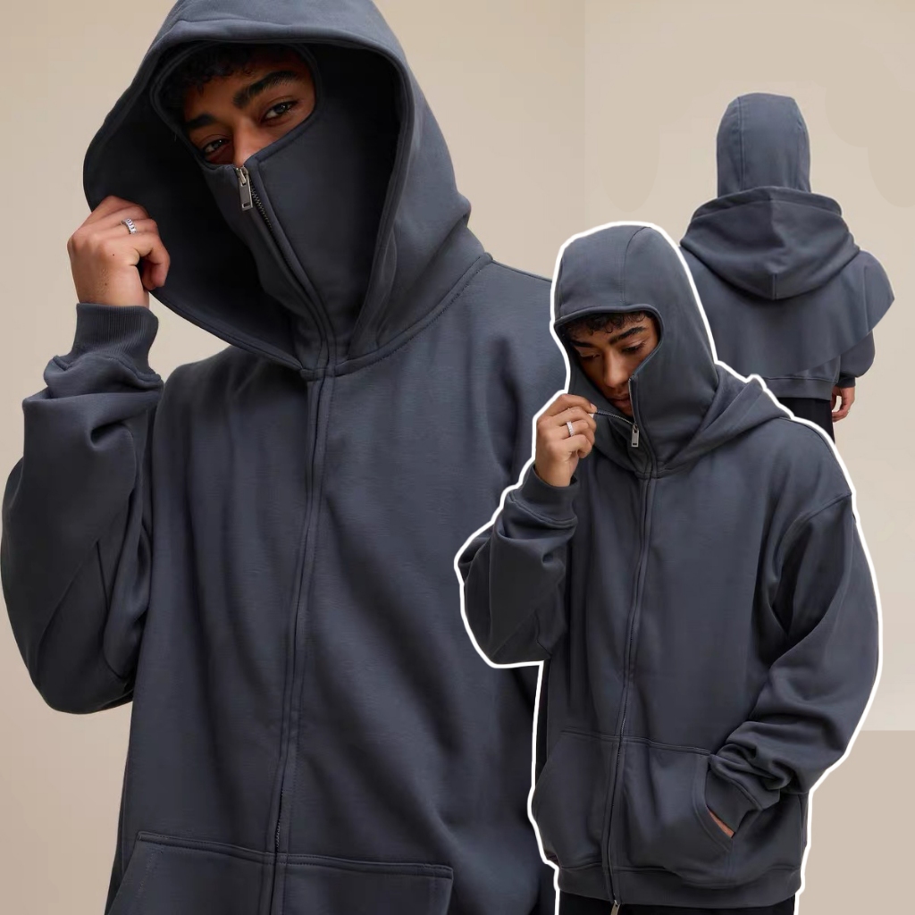 【เสื้อฮู้ดนินจาเต็มหัวสุด】เสื้อแจ็คเก็ตสเวตเตอร์มีฮู้ดสีทึบ มีซิปปิด ออกแบบสำหรับคู่รักที่ชอบออกสำรวจเมือง