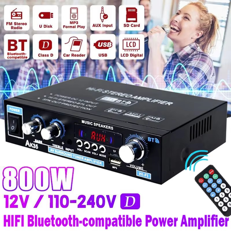 AK35 800W เครื่องขยายเสียงดิจิตอล 100-240 V /12 V Bass Audio Power TF Card บลูทูธ AMP HIFI FM ลําโพง