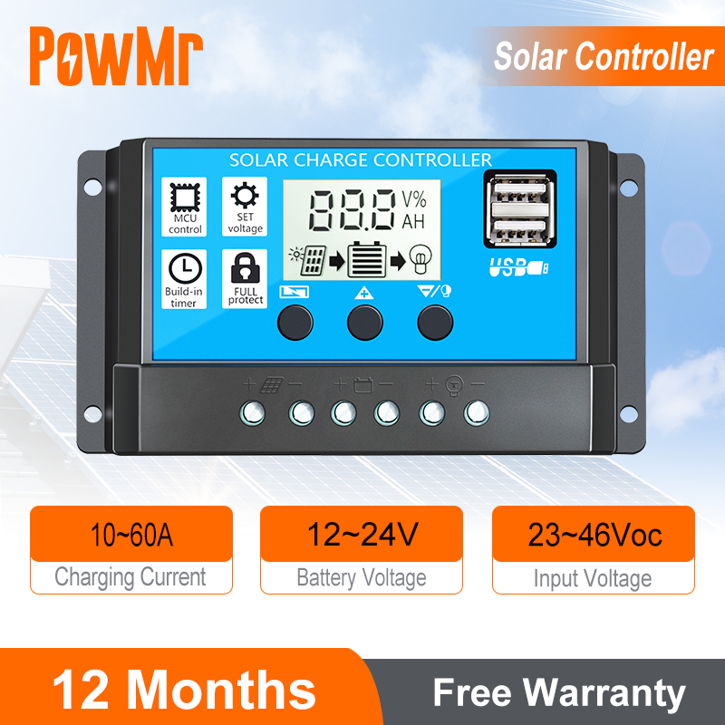 PowMr 10A 20A 30A PWM Solar Charger Controller 12V 24V แบตเตอรี่ Charger LCD Dual USB แผงควบคุมพลังงานแสงอาทิตย์สําหรับสูงสุด 48V PV อินพุต RBL