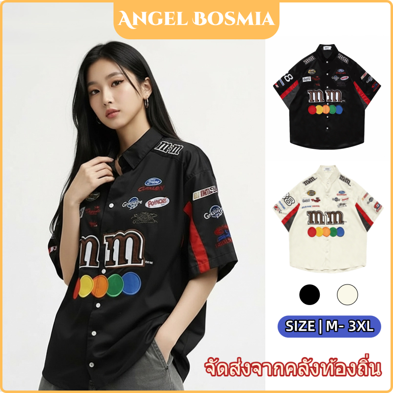 เสื้อเชิ้ต คอปกตั้ง แขนสั้น ทรงซิ่ง ดีไซน์กึ่งปัก ผ้านิ่ม ไซส์ ม-3เอ็กแอล