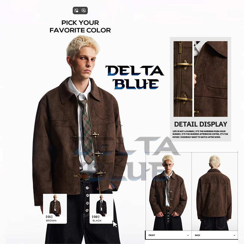 DELTA BLUEแจ็คเก็ตหนังสักหลาดผู้ชาย สไตล์จีน ลายอินเทรนด์ จาก TANG เหมาะสำหรับฤดูใบไม้ผลิและใบไม้ร่วง