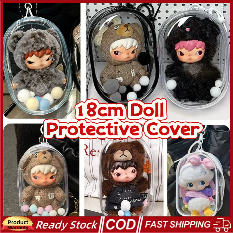 Hirono Road Journal Series โปร่งใส Protectice Case Dimoo ตุ๊กตา 18 ซม.พวงกุญแจกระเป๋าเก็บตุ๊กตาผ้าฝ้าย Outing กันน้ําและกันฝุ่น PVC กระเป๋า