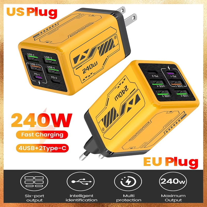 240W 6 พอร์ต 4USB + 2 ประเภท C Super Fast ชาร์จโทรศัพท์มือถือ USB3.0 PD3.0 EU/US Charger สําหรับ And