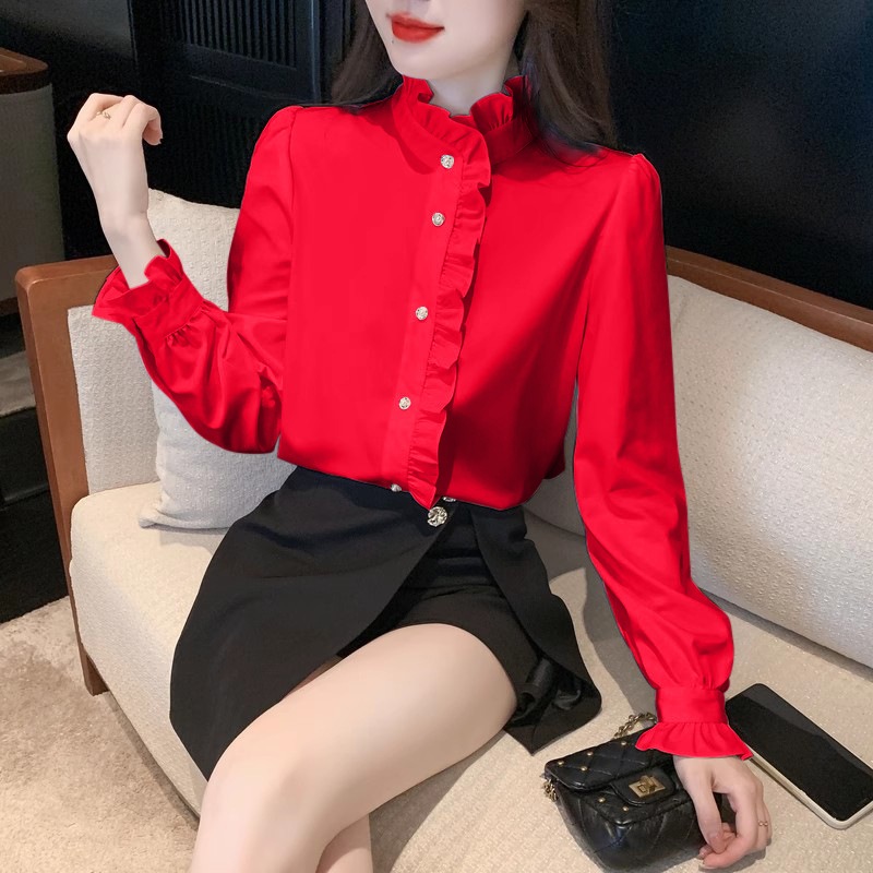 เสื้อมืออาชีพ คอปกตั้ง สีขาว เสื้อเหมาะใส่ทํางาน ดีไซน์ขอบหยักมาก