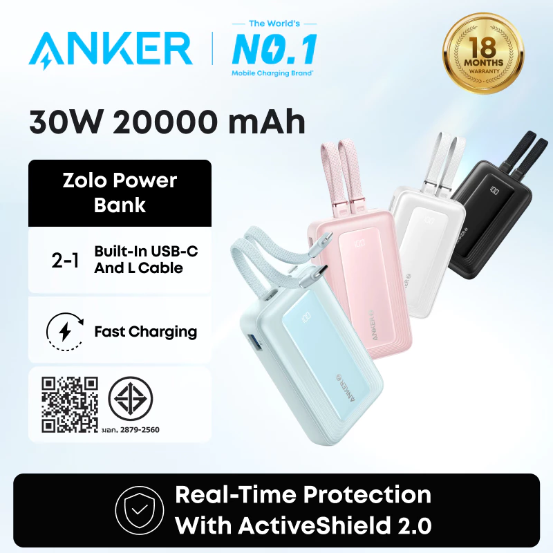 ANKER Zolo 10000/20000 mAh Powerbank PD 30W แบตเตอรี่จัดส่งสายไฟ USB-Cใ +L นตัว MFI การชาร์จไฟที่ปลอดภัย for Iphone 16/15/14/13