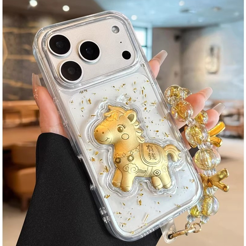 3D Gold Horse Get Rich Glitter เลื่อมโปร่งใส Wrsit Chain เคสโทรศัพท์สําหรับ iPhone 17Promax 17Pro 12 13 14 15 16 Pro Max 11 15Plus กันกระแทกผู้หญิงผู้ชายปลอกมือถือ