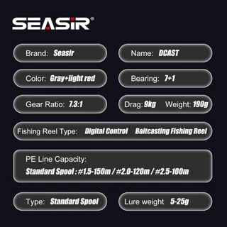 SEASIR DCAST DC Baitcasting ตกปลา Reel Digital Control long cast คาร์บอนเครื่องซักผ้าทองเหลืองเกียร์ 7.3:1 7 + 1BB ลากสูงสุด 9 กก.น้ําเค็มสด Reel ตกปลา Coil