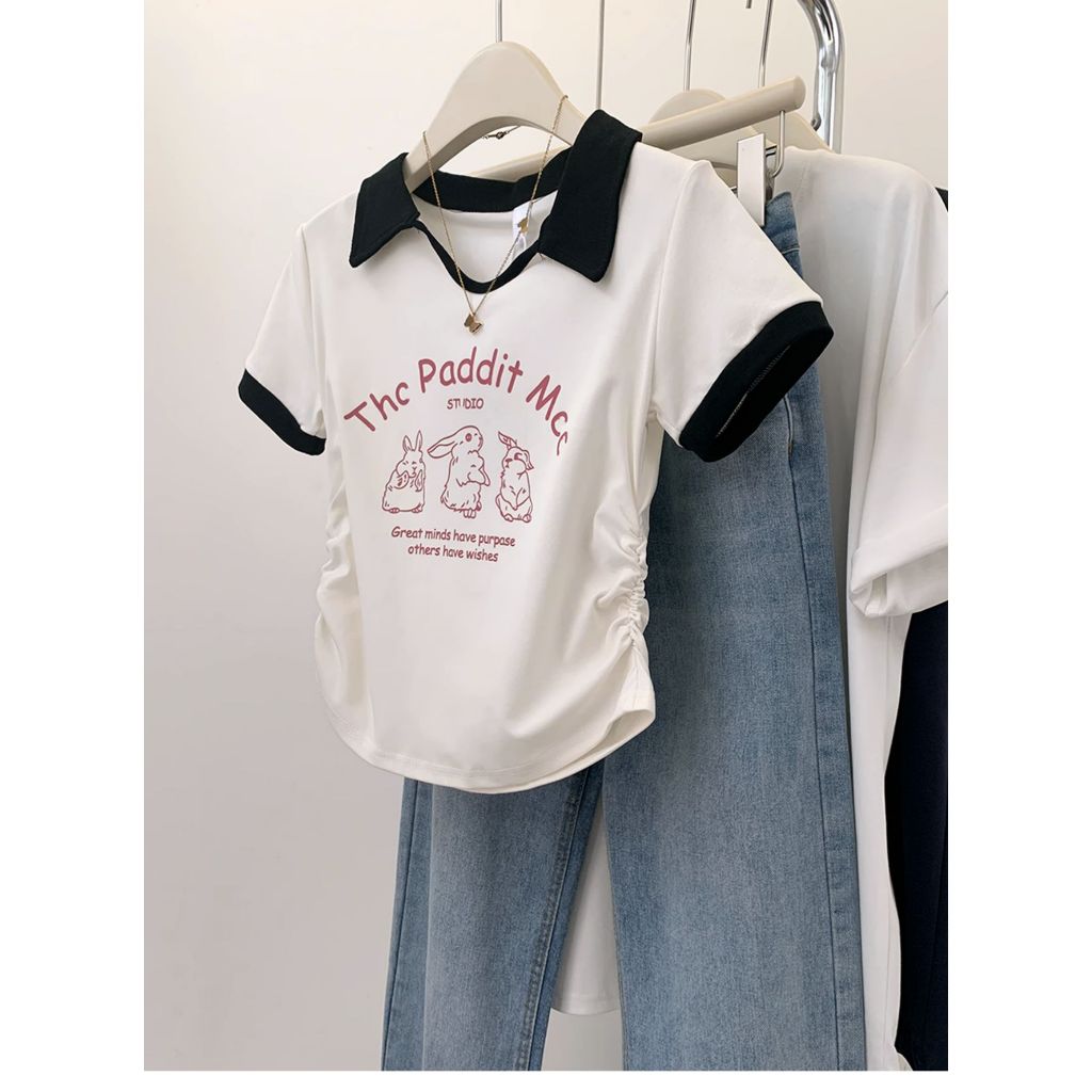 Hotgirl พร้อมส่ง✨เสื้อยืดคอโปโล เสื้อยืดสวยๆผู้หญิง สลิมฟิต แขนสั้น แฟชั่นพิมพ์ลาย สไตล์อเมริกัน