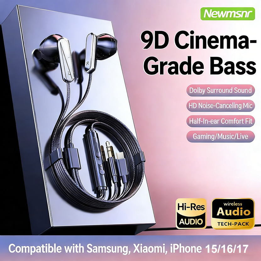 NEWMSNR ใหม่ 9D อัพเกรดคุณภาพเสียงหูฟังชนิดใส่ในหูแบบมีสาย Typec 3.5 มม.หูฟัง HD ลดเสียงรบกวนไมโครโฟนชุดหูฟังเกมเพลงสดฟัง