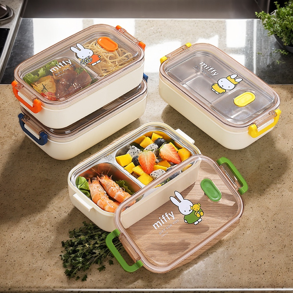 กล่องอาหาร 2 ช่อง สแตนเลส 304 สำหรับนักเรียน กันรั่วซึม มีล็อค 2 ด้าน อุ่นในไมโครเวฟได้ ลายน่ารัก