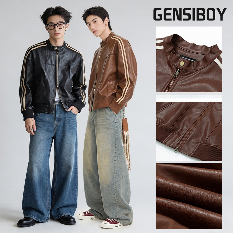 Gensiboy-แจ็คเก็ตหนังผู้ชายด้านบนรถจักรยานยนต์หลวม ยืนปกเวอร์ชั่นเกาหลีสีน้ําตาลฤดูใบไม้ผลิฤดูใบไม้ร่วง