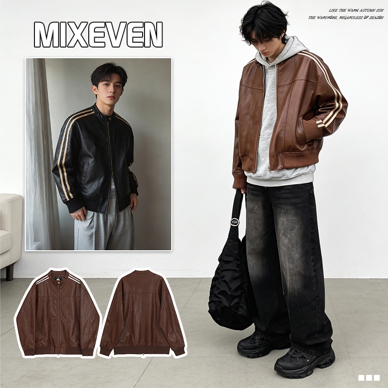 Mixseven-เสื้อแจ็คเก็ตหนังลายทางสีน้ำตาลสำหรับผู้ชาย สไตล์เกาหลี ฤดูใบไม้ผลิฤดูใบไม้ร่วง หลวม