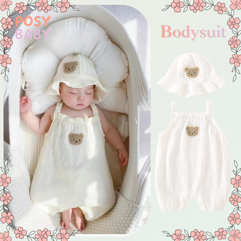 POSY BABY ชุดบอดี้สูทเด็ก ผ้าก๊อซคอตตอน 2 ชั้น เกรด A ลายหมี พร้อมหมวก ระบายอากาศดีเยี่ยม สำหรับเด็ก