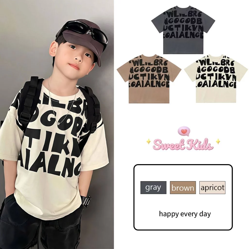 SweetKids พร้อมส่งจากกทม🌸เสื้อยืดเด็ก🍓เสื้อแขนสั้นเด็กผู้ชายหน้าร้อน ลายตัวอักษร สไตล์เท่ๆ ใส่สบายหายใจได้ งานดี แมทช์ง่าย หลายสีให้เลือก