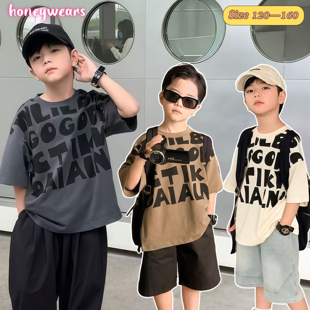 honeywears⚡พร้อมส่ง⚡เสื้อยืดแฟชั่นเด็ก เสื้อแขนสั้นเด็กผู้ชายลำลอง ยอดนิยม หล่อเท่ เนื้อผ้าใส่สบาย นิ่ม ระบายอากาศได้ดี คอกลม เหมาะกับหน้าร้อน ไซส์ 120-160