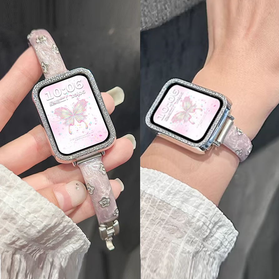 Elegant ดอกไม้เพชร Wach สายคล้อง + สําหรับ Samsung Galaxy Fit 3 สาย เคส Metal Galaxy Fit 3 สาย Watch