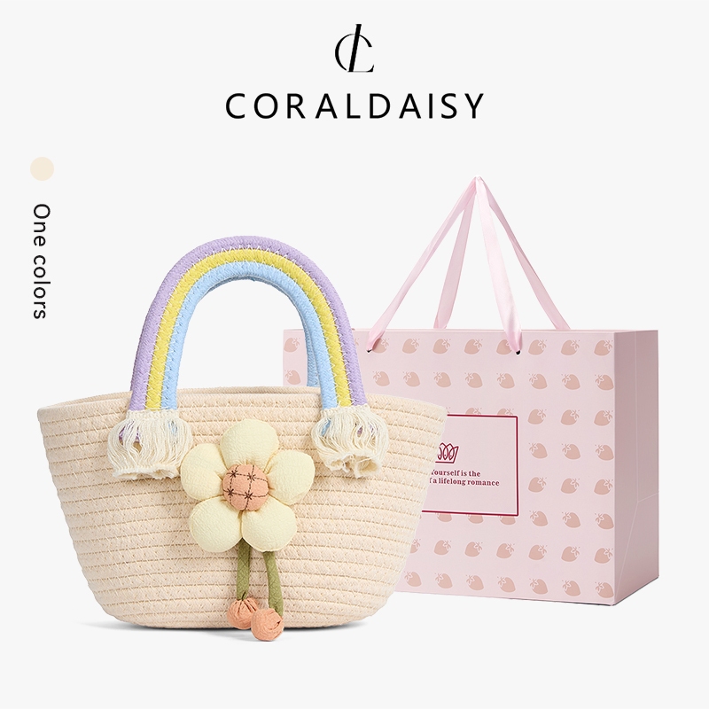 CORALDAISY กระเป๋าผู้หญิง รุ่นใหม่ปี 2026 จุดหลากสี กระเป๋าถือทอ ตกแต่งดอกไม้น่ารัก กระเป๋าถือ