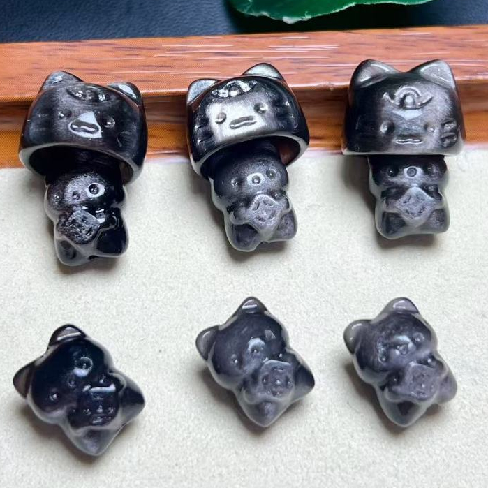 เงินธรรมชาติ Obsidian ลูกแมว Peekaboo ชุดประมาณ 18 มม.แกะสลักชิ้นคริสตัล Hand-Made เครื่องประดับ diy อุปกรณ์เสริม Simple All-Match ของขวัญ
