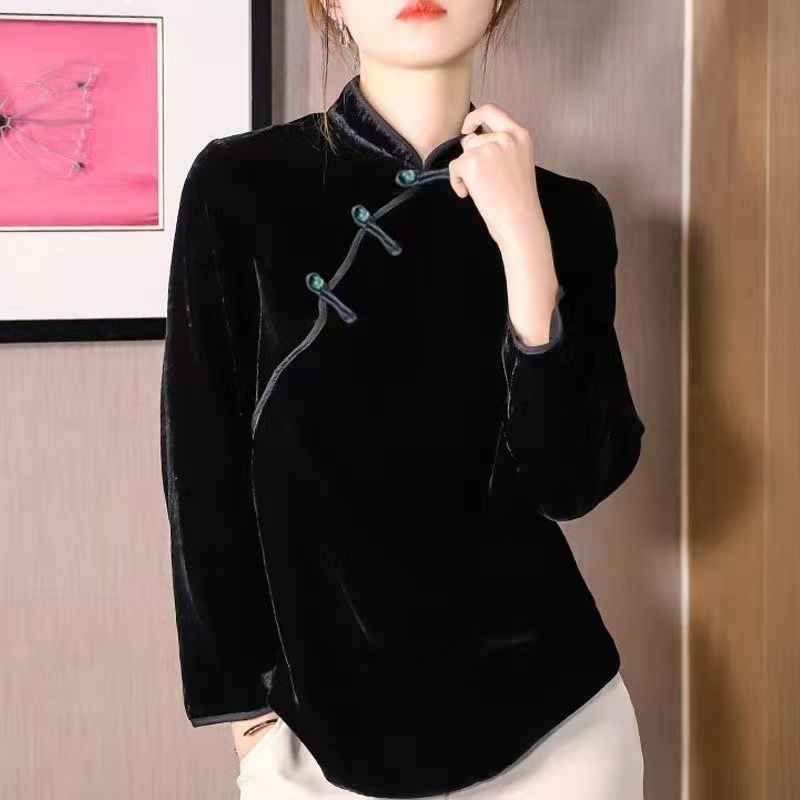 เสื้อแขนยาวกำมะหยี่สไตล์จีนสำหรับผู้หญิง เหมาะสมสวมใส่ในฤดูใบไม้ร่วง
