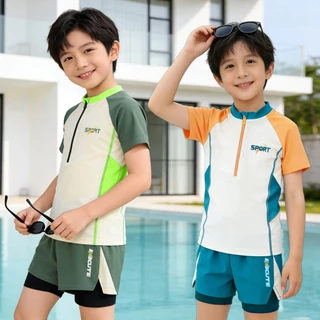 【จัดส่งจากประเทศไทย】ชุดว่ายน้ำแขนยาวสำหรับเด็กผู้ชาย ผลิตภัณฑ์บางรุ่นมาพร้อมหมวก วัสดุแห้งเร็ว
