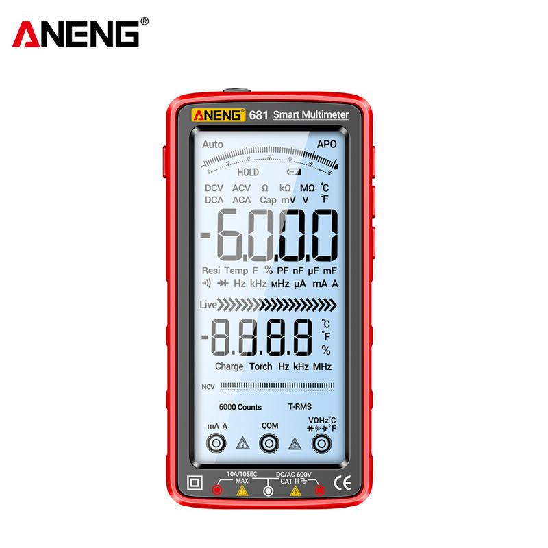 ANENG 681 สมาร์ท Anti-burn True RMS มัลติมิเตอร์, แรงดันไฟฟ้าแบบชาร์จไฟได้/Hz/Ω/Diode Tester พร้อม LCD และ Sheath