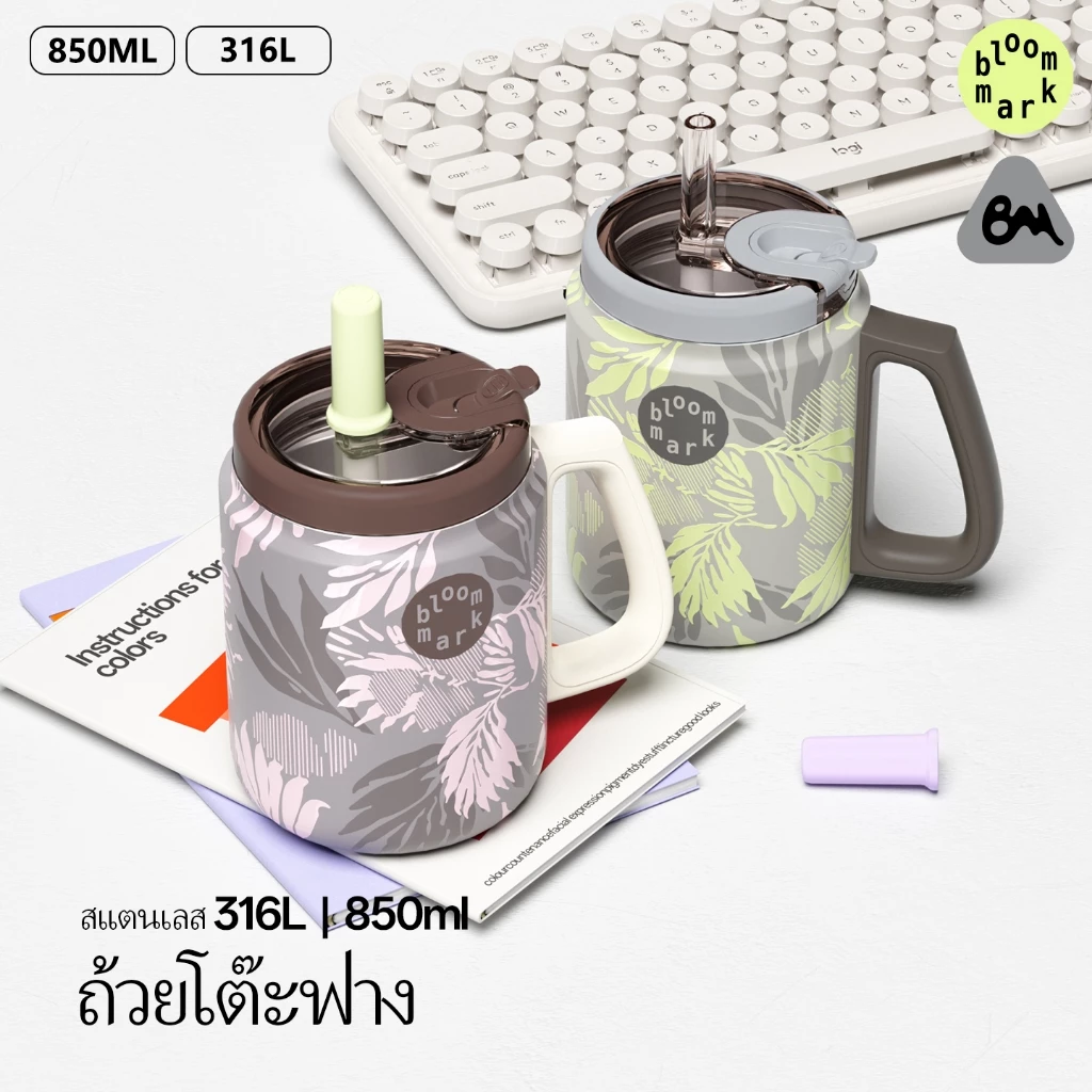 BLOOMMARK 800ML ความจุขนาดใหญ่ฟางกระติกน้ําร้อนถ้วย 316L สแตนเลสถ้วยน้ําสํานักงาน All-Match การออกแบบสูงเหมาะสําหรับ Peck เดสก์ท็อปขวดน้ํา