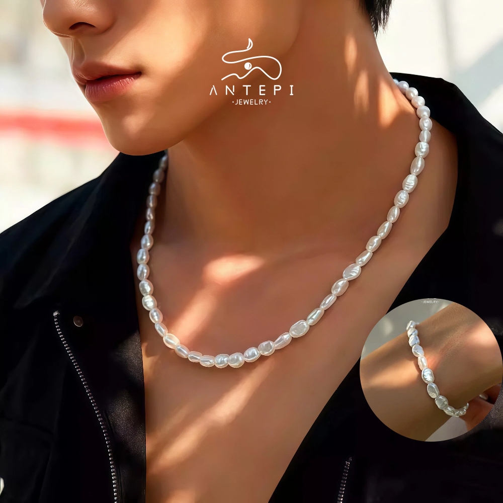 เอทีพี สร้อยคอมุกรูปบาร็อค/สร้อยข้อมือ,สแตนเลสกันน้ํา ไม่จํากัดเพศ สร้อยข้อมือ/สร้อยคอกระแทกชุดสําหรับผู้ชายและผู้หญิง