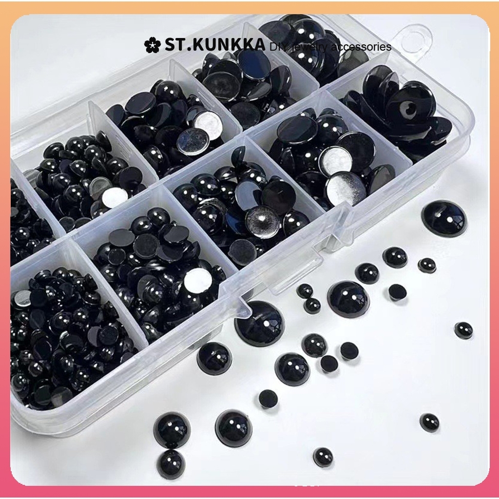 St.kunkka แพ็คละ 50-500 ชิ้น ขนาด2, 3,4,5,6,8,10,12,14 มม. ตาตุ๊กตา ไข่มุกสีดำแบบครึ่งวงกลม ใช้ด้ายเย็บติดตกแต่งตุ๊กตา