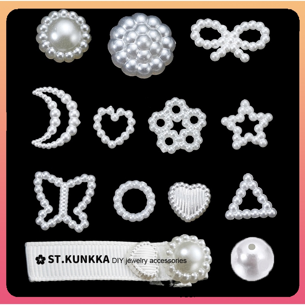 ST.KUNKKA 100-300 ชิ้น ลูกปัดมุก ต่อแพ็ค ลูกปัดไข่มุก ABS รูปหัวใจ ดาว ดอกไม้ สีขาว สําหรับทําเครื่องประดับ DIY วัสดุเสื้อผ้าและอุปกรณ์เสริม
