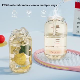 ขวดน้ํา Diller PPSU ป้องกันความร้อน 180℃, BPA-Free, Dual Head, Leakproof, 380/520ml D2606